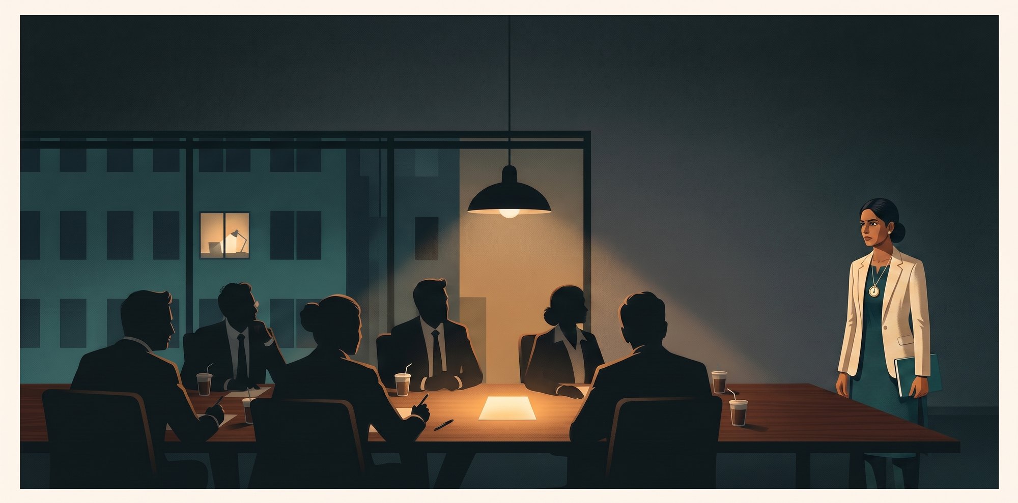 Manu faces directors in a fictionalised boardroom scene
