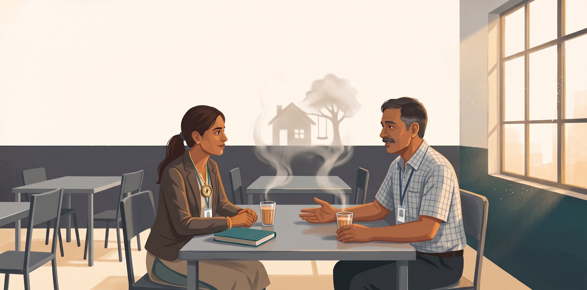 Manu listens to fictionalised supervisor Nilesh over chai