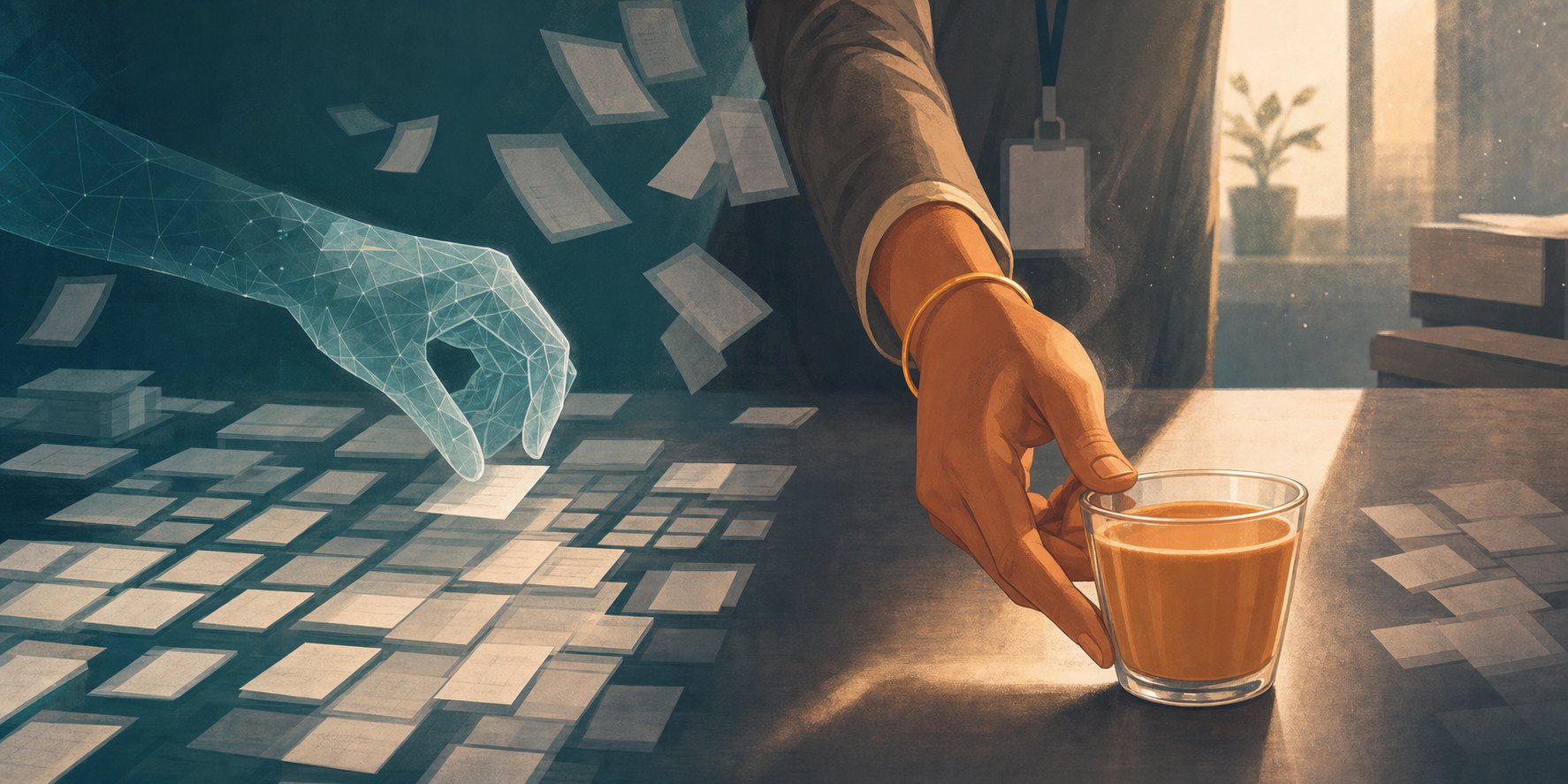 A machine hand organises cards while a human hand offers chai