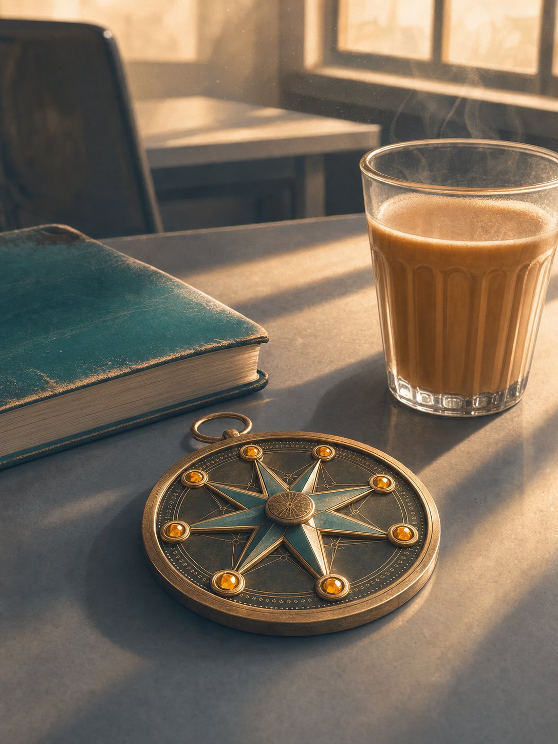 The completed brass and teal Compass beside a notebook and chai